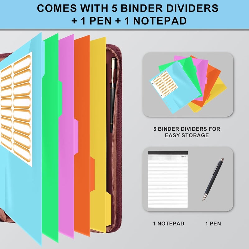 Eshow Portfolio Organizer - 3 Ring Binder with Zipper, Vegan Leather Business Padfolio Folder with Notepad Includes 5 Color Sheet Protectors for Documents Files for Men Women - Image 3